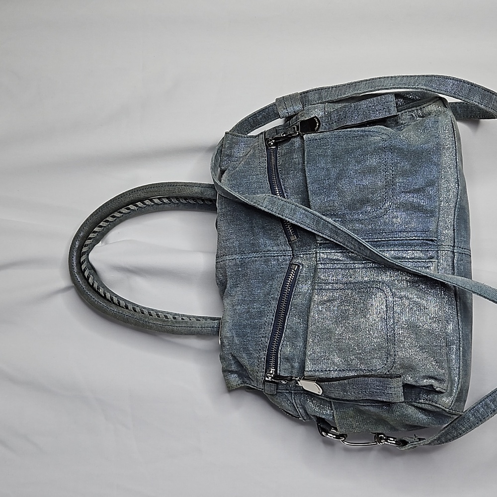 B MAKOWSKY BLUE WITH SILVER SHIMMER HANDBAG PURSE
